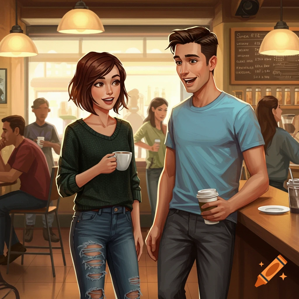 Illustration of a man and woman talking and holding coffee cups in a busy coffee shop.
