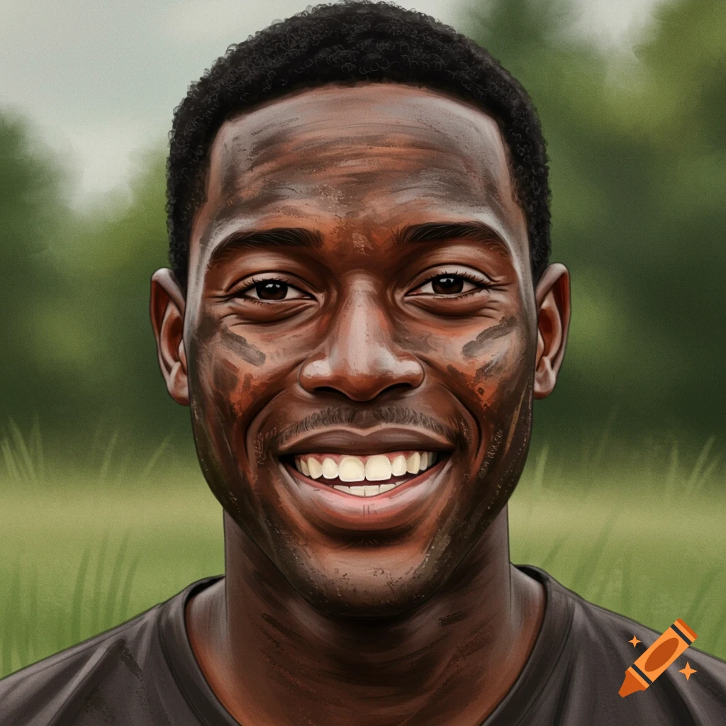 A stylized portrait of a smiling Black man outdoors with dirt on his face.