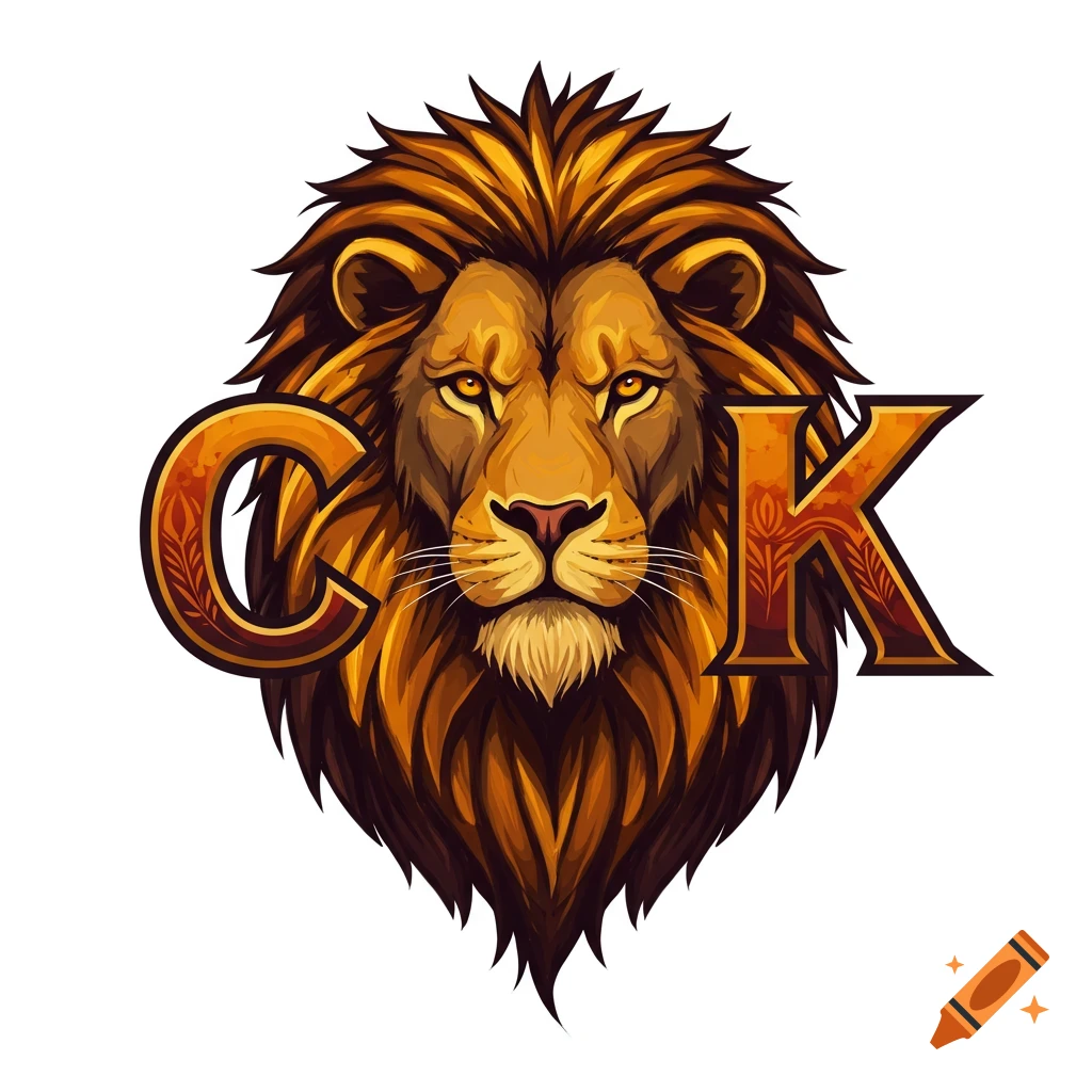 Stylized lion head with C and K letters in tribal style on a white background.