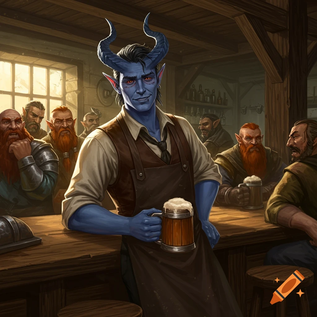 Blue Tiefling bartender with horns holding a beer mug in a fantasy tavern, digital art