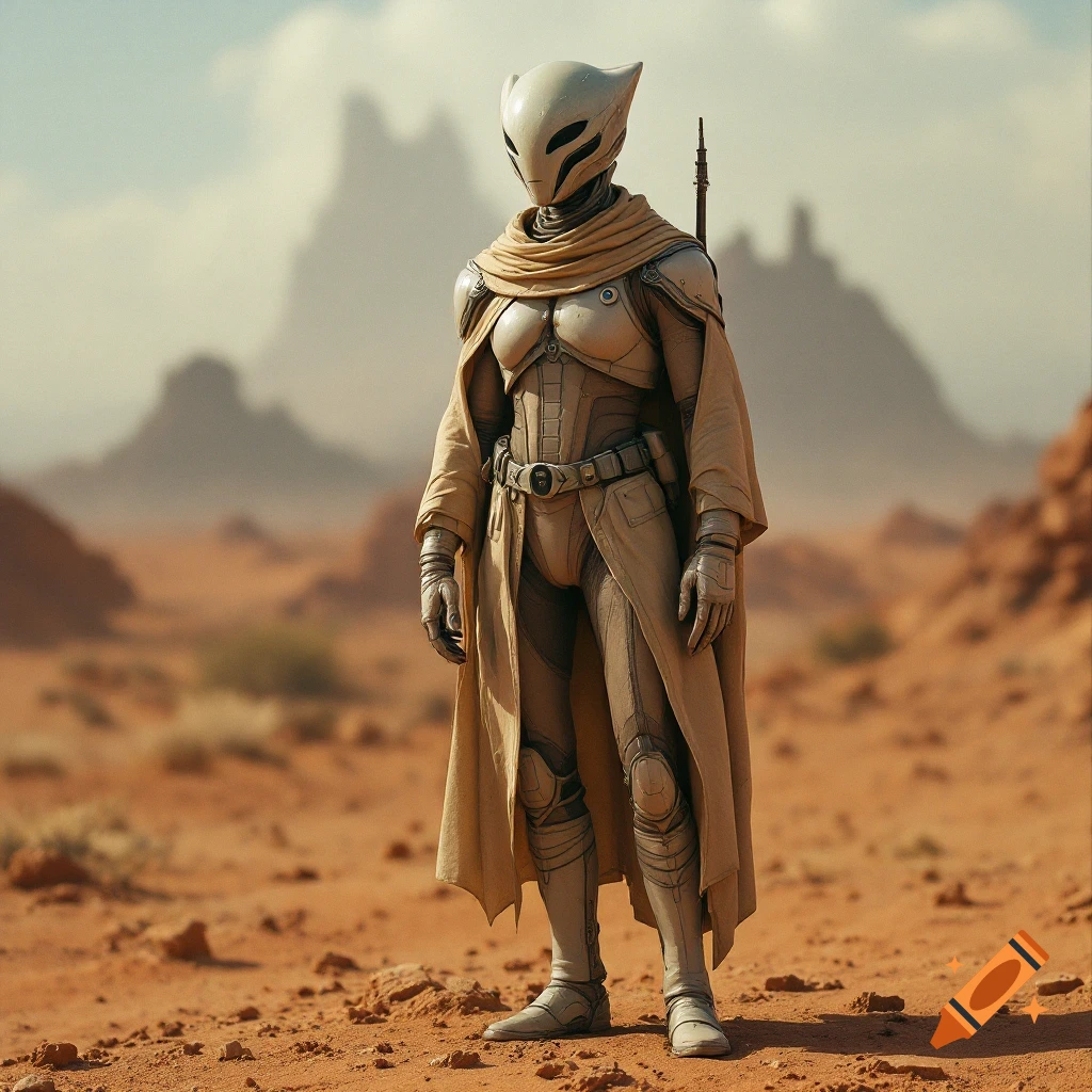 A humanoid figure in futuristic armor stands in a rocky desert landscape.