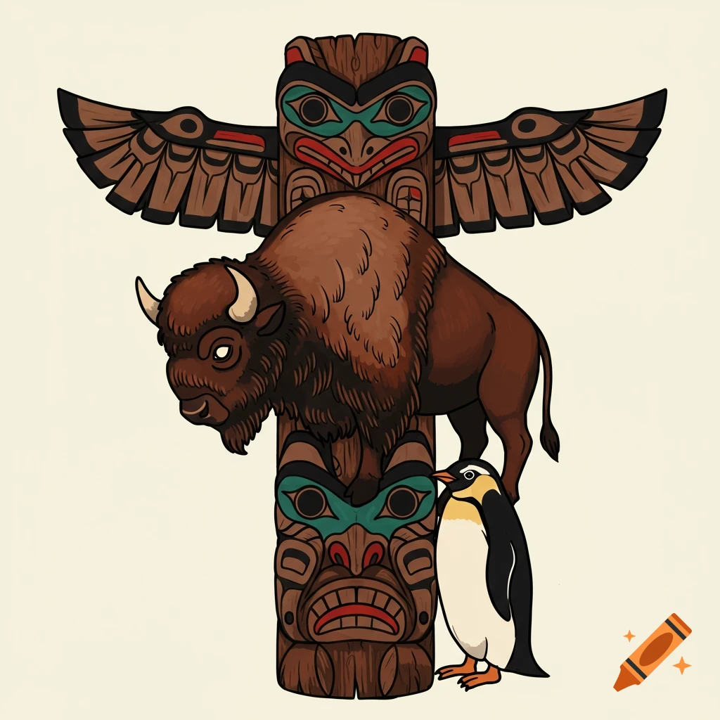 A bison and penguin are part of a traditional tattoo style totem pole.