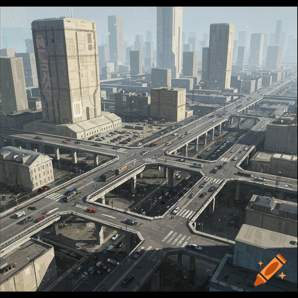Aerial view of a sprawling futuristic city with multi-level highways and tall concrete buildings.