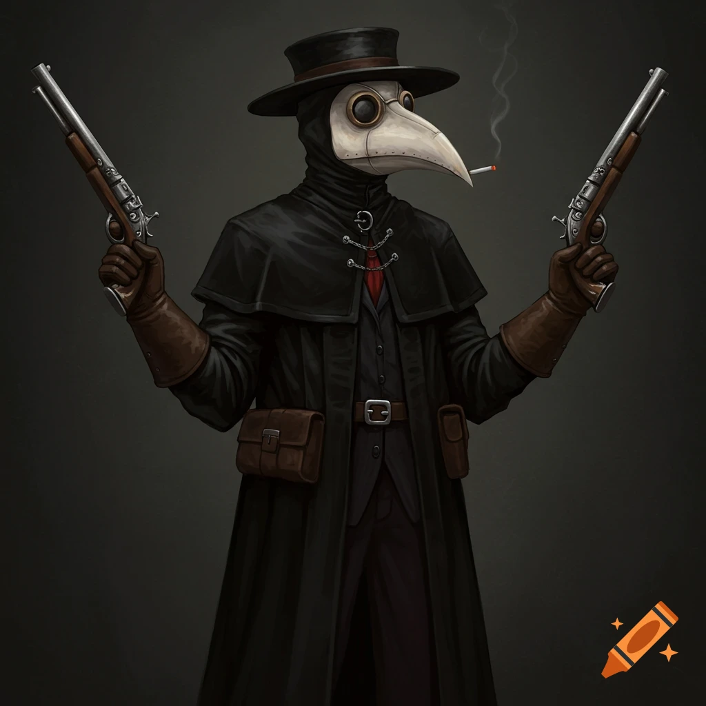 Illustration of a Plague Doctor holding two pistols and smoking a cigarette.