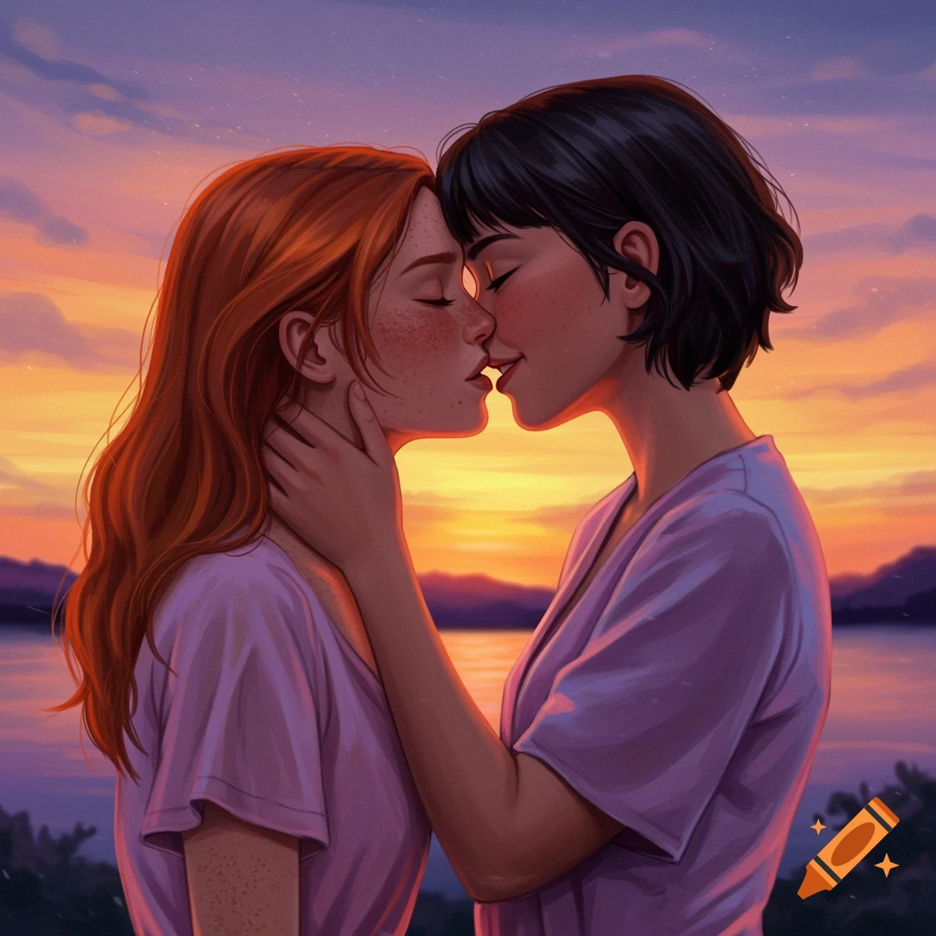 Illustration of two young women kissing at sunset by a lake.