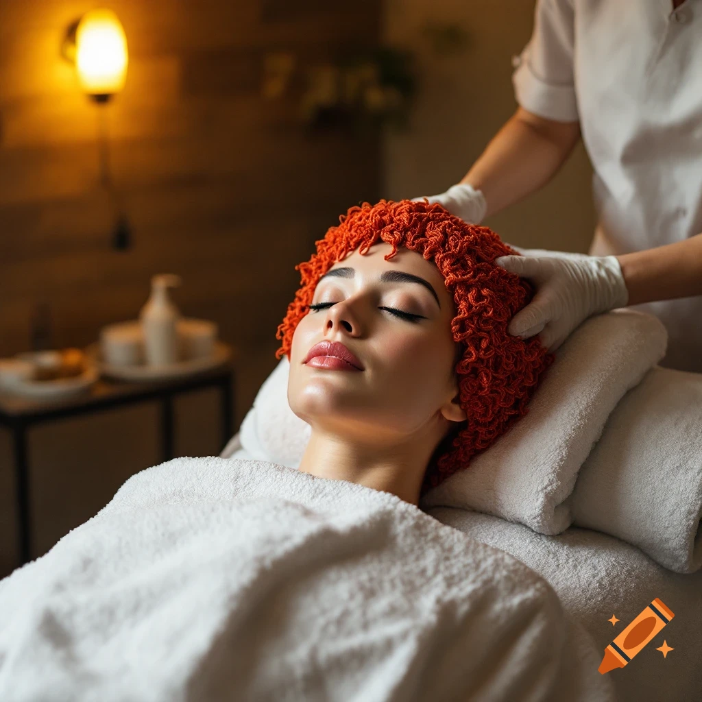 Photorealistic image of a woman getting a head massage in a spa