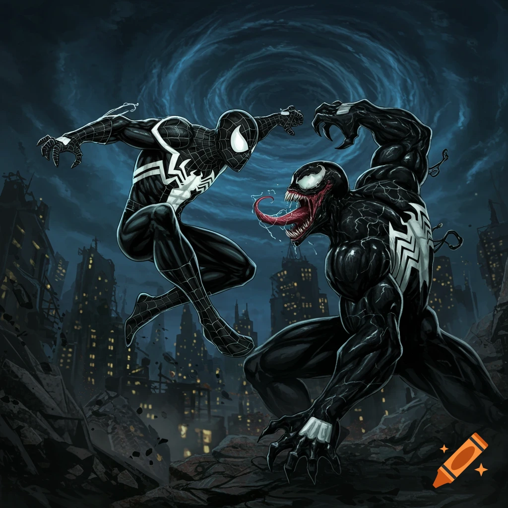 Comic book art of Symbiote Spider-Man fighting Venom above a ruined city.