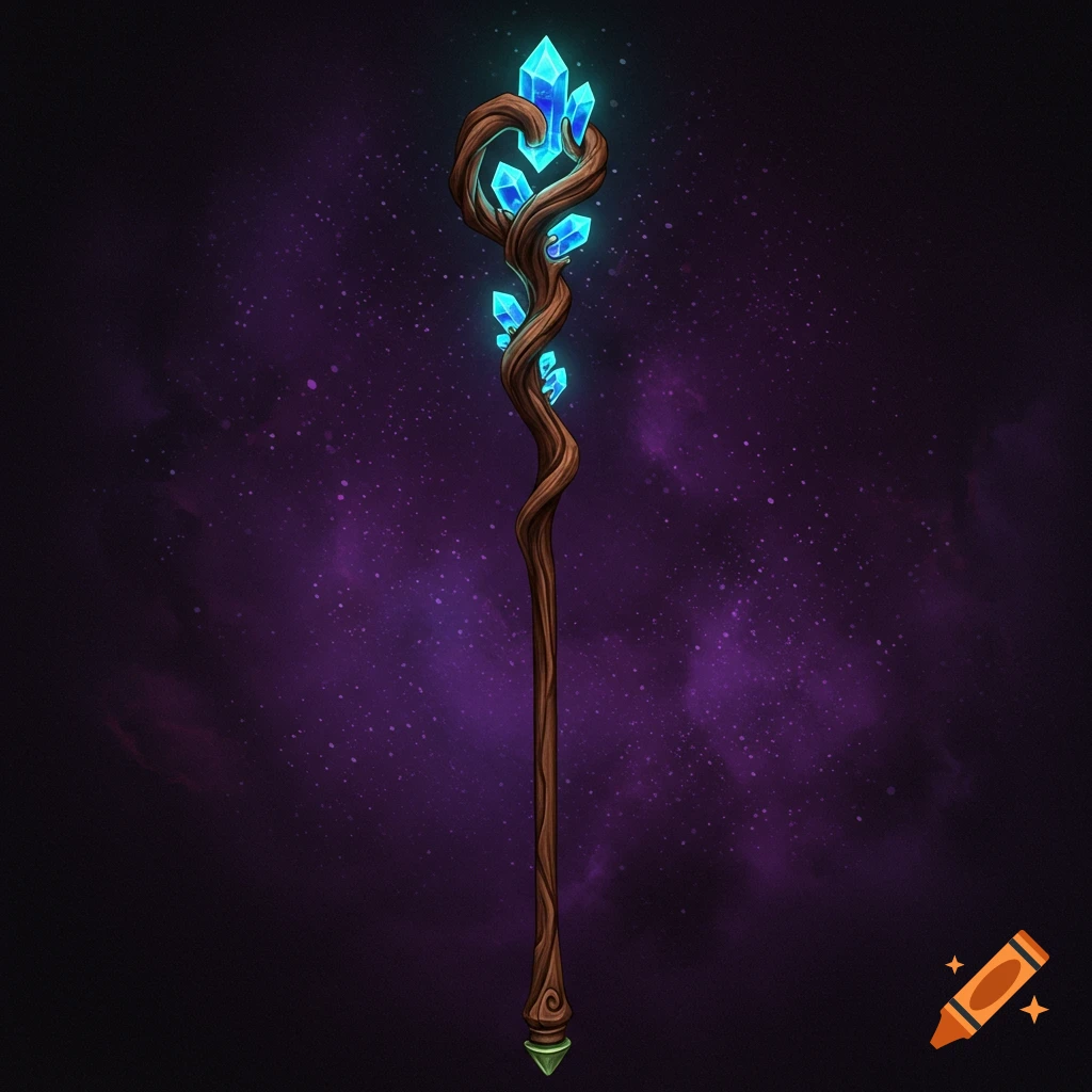 A fantasy wooden mage staff with glowing blue crystals on a dark purple starry background.