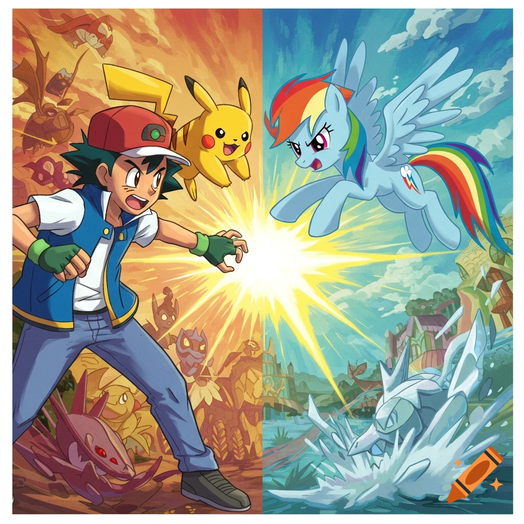 Ash and Pikachu battle Rainbow Dash in an anime crossover illustration