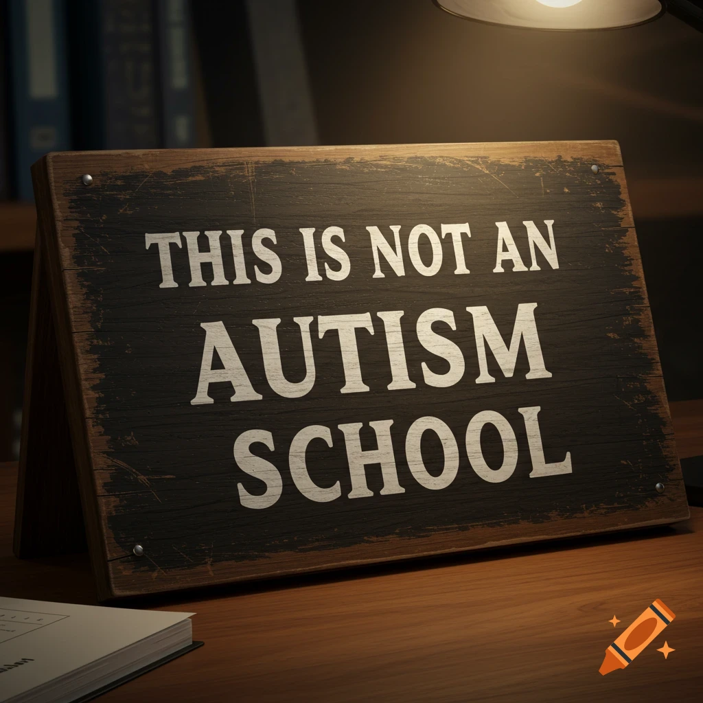 A wooden sign on a desk reads 'THIS IS NOT AN AUTISM SCHOOL'.