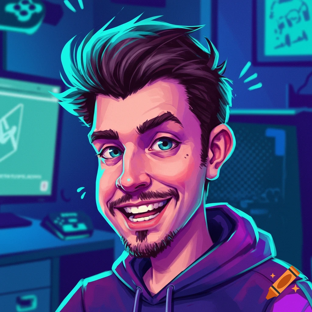 A stylized cartoon portrait of a smiling man with spiky hair wearing a purple hoodie, in front of computer screens and game controllers.