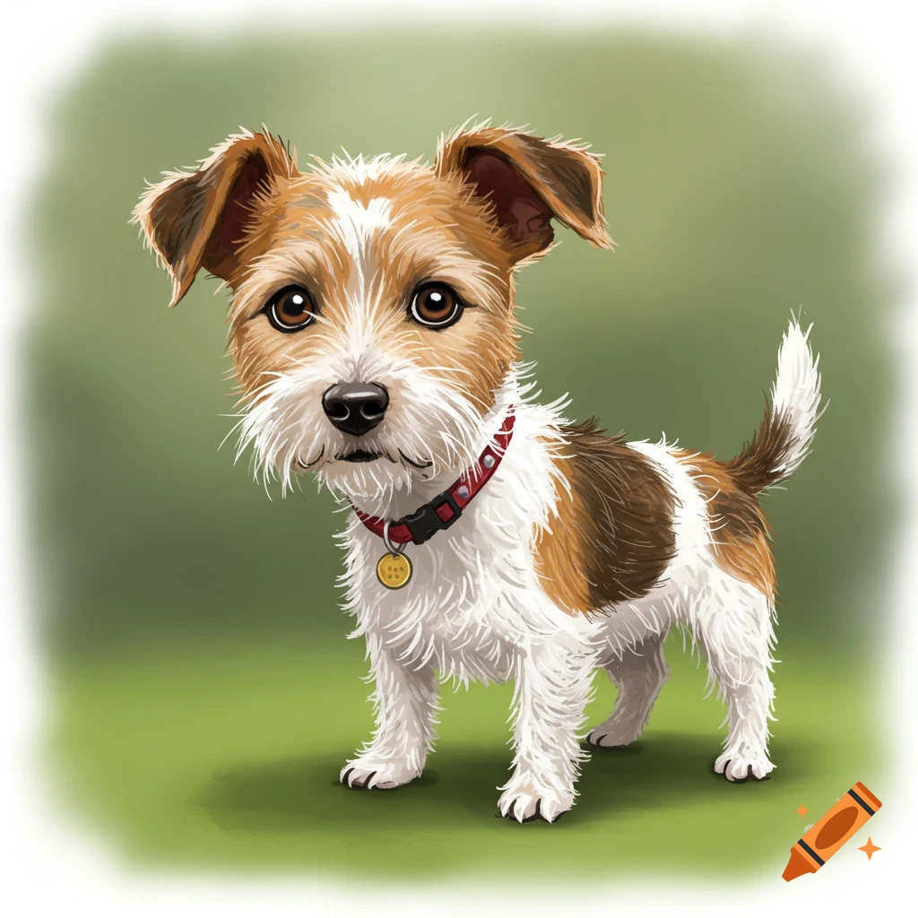 Illustration of a brown and white terrier dog wearing a red collar.