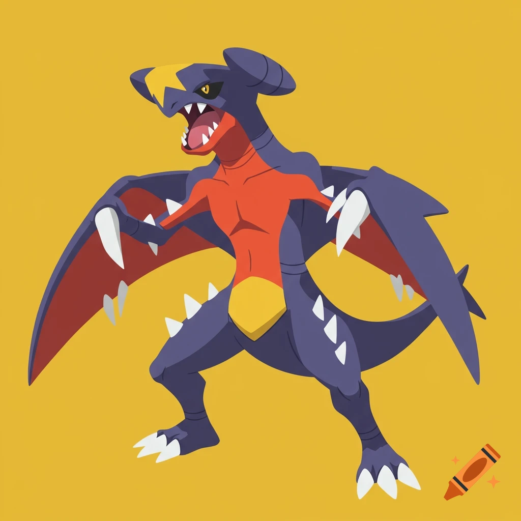 Garchomp in a fierce battle pose on a yellow background.