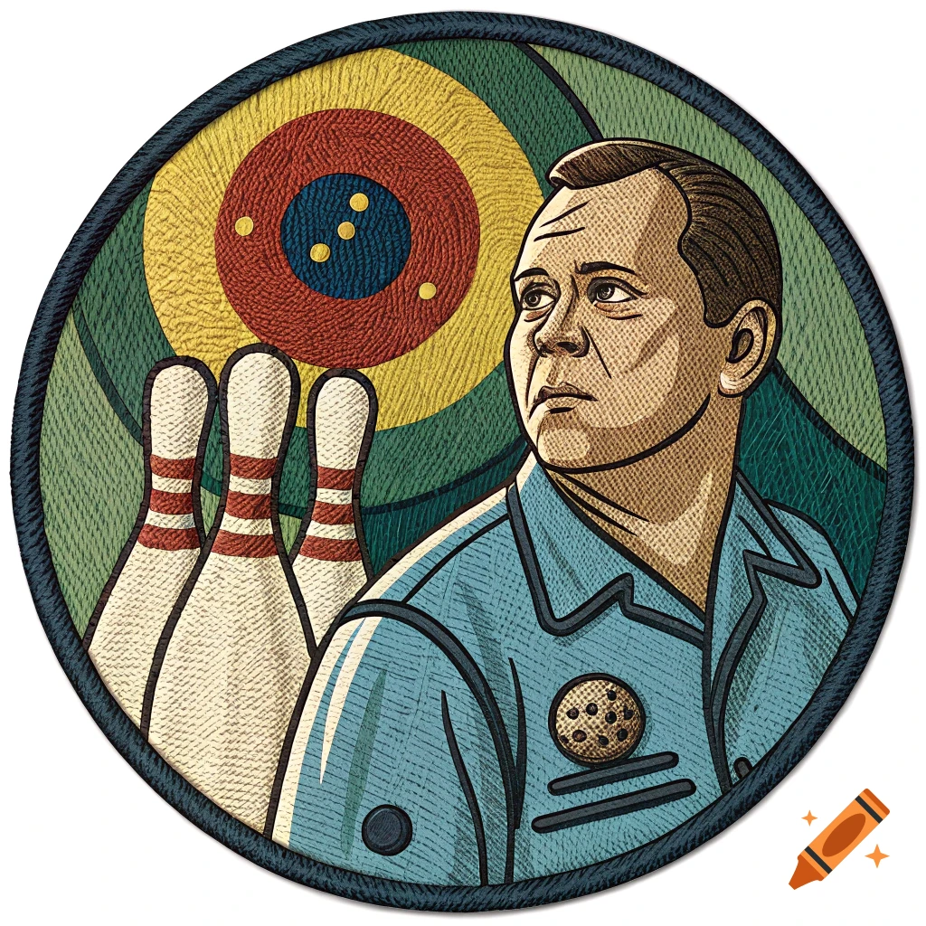 Illustration of a man in a bowling shirt next to bowling pins and a target, styled like a patch.