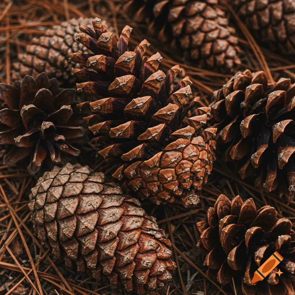 Close-up view of pinecones and needles on the ground.
