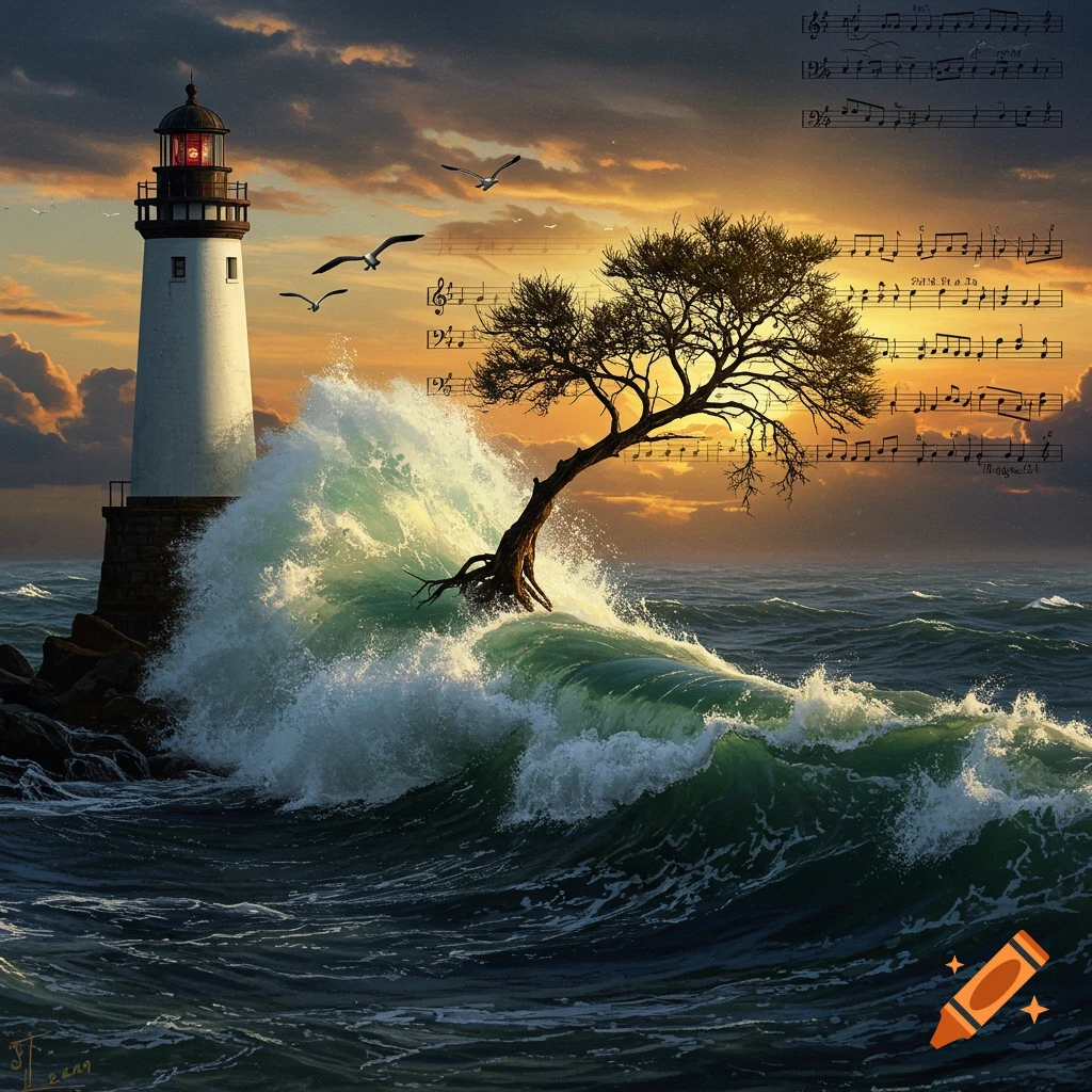 A lighthouse on a rocky shore stands against a crashing wave. A bare tree leans over the water as seagulls fly in a sunset sky with floating musical notes.