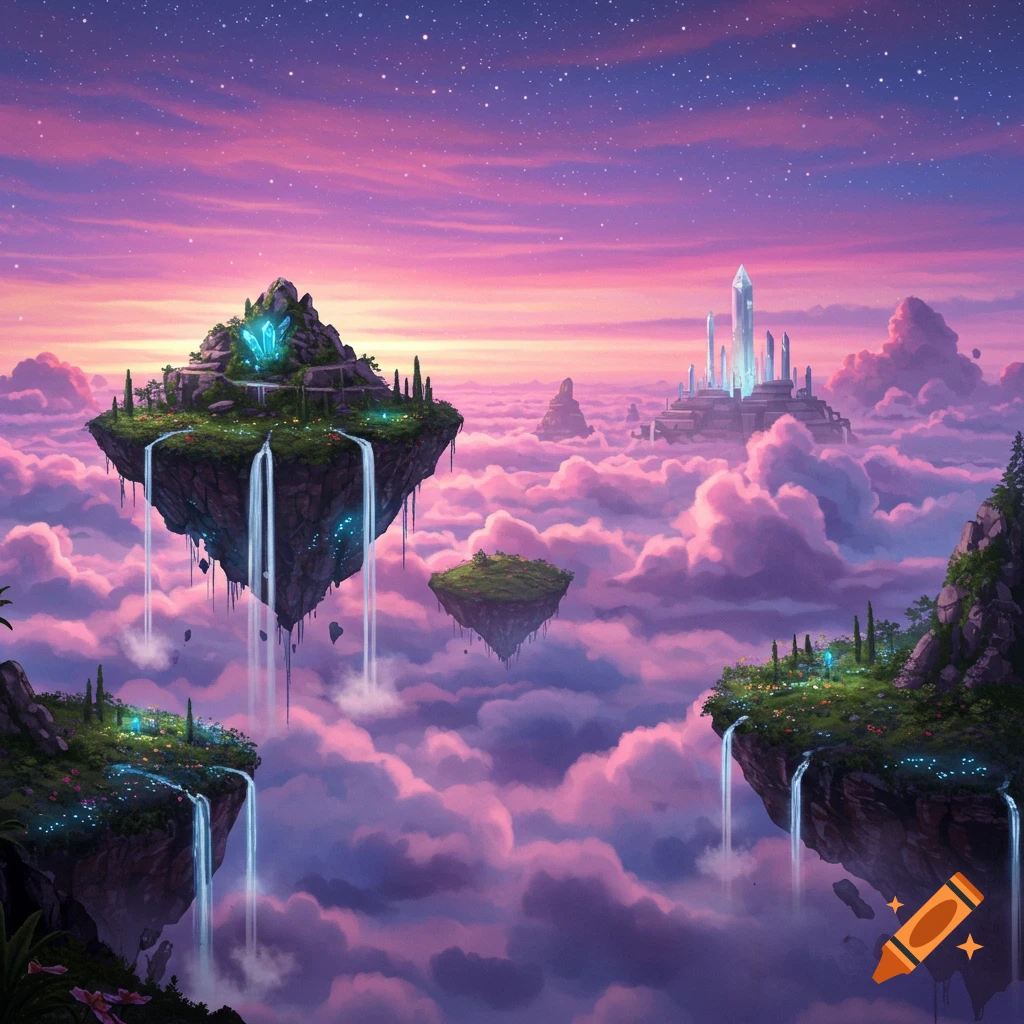 Fantasy landscape with floating islands, waterfalls, and crystalline structures in a vibrant pink and purple sky.