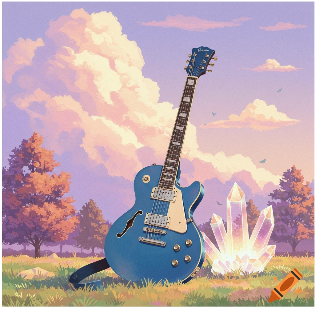 Illustration of a blue electric guitar in a grassy field next to glowing crystals under a colorful cloudy sky