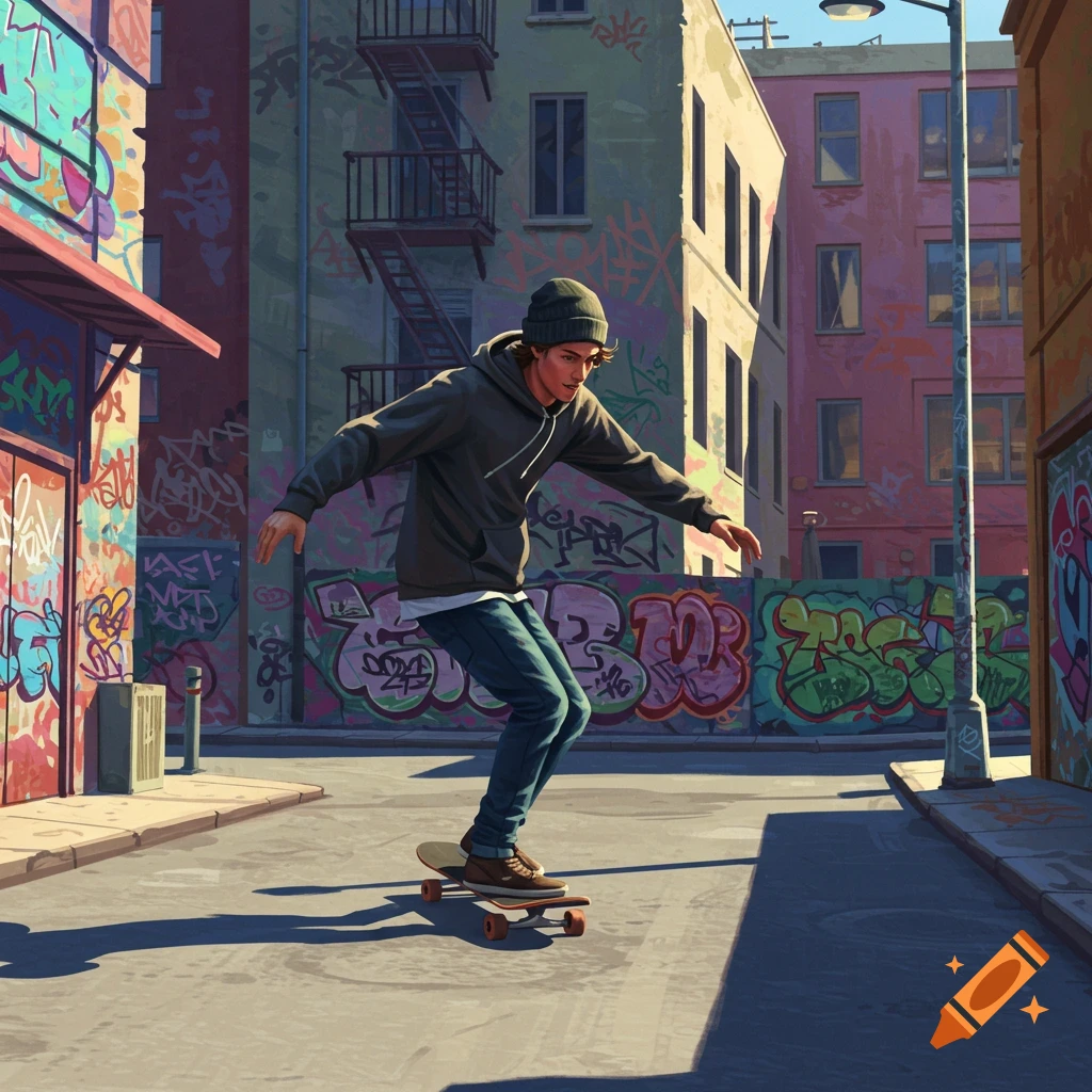 A person skateboarding on a street covered in graffiti walls.