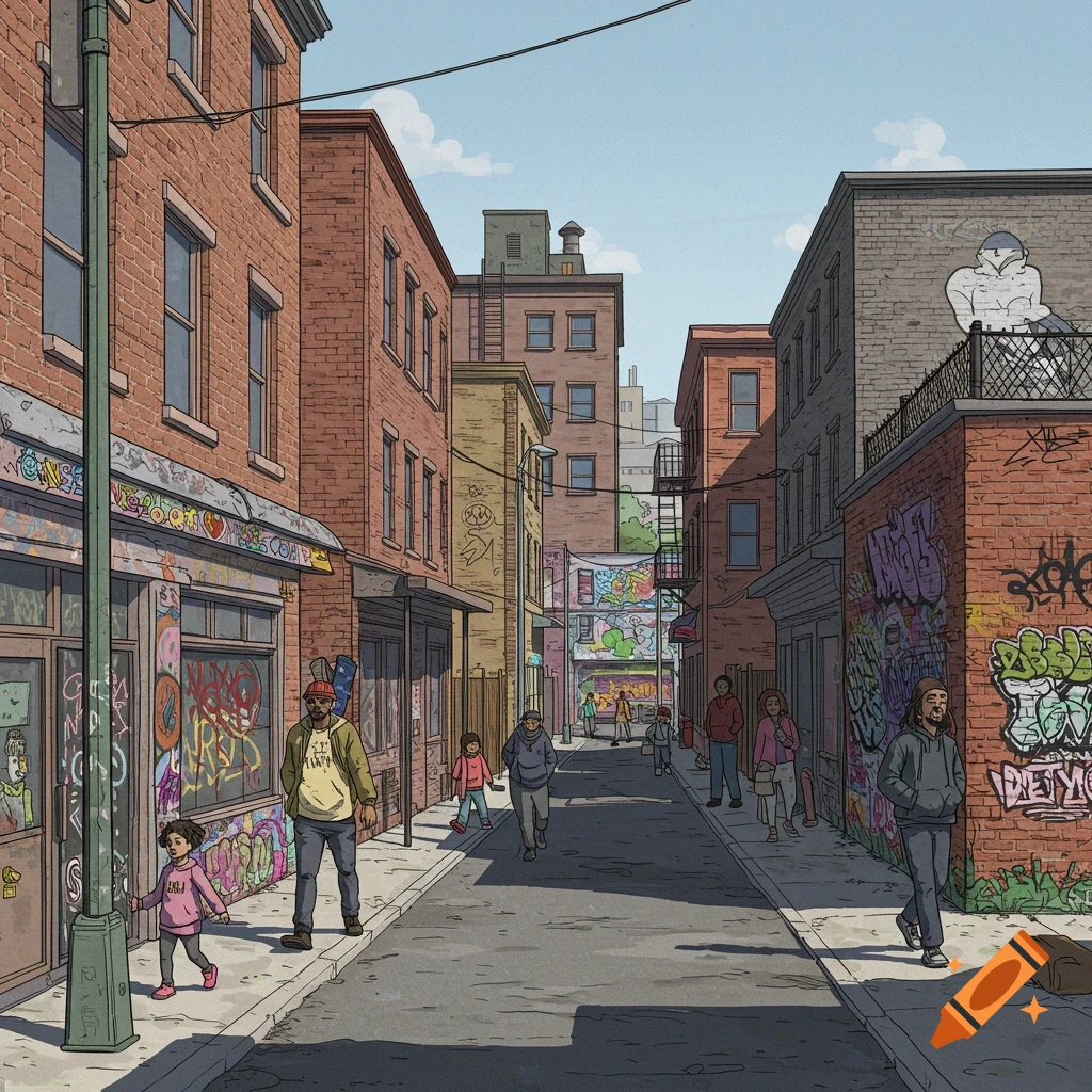 An illustrated urban street scene with brick buildings covered in graffiti and people walking.