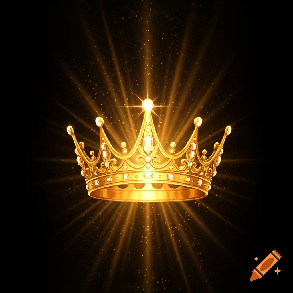 Golden crown sparkling with bright light rays on a black background.