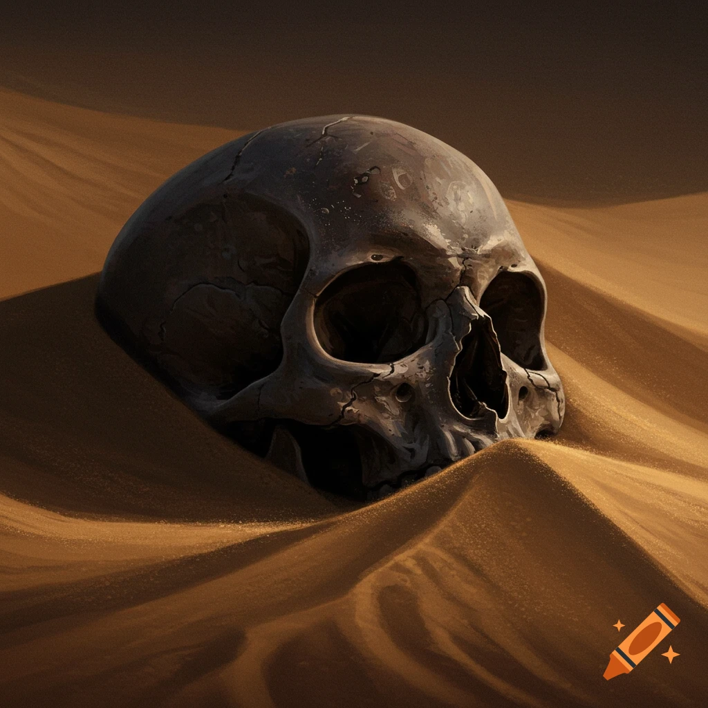 Dark skull half-buried in golden desert sand with dramatic lighting