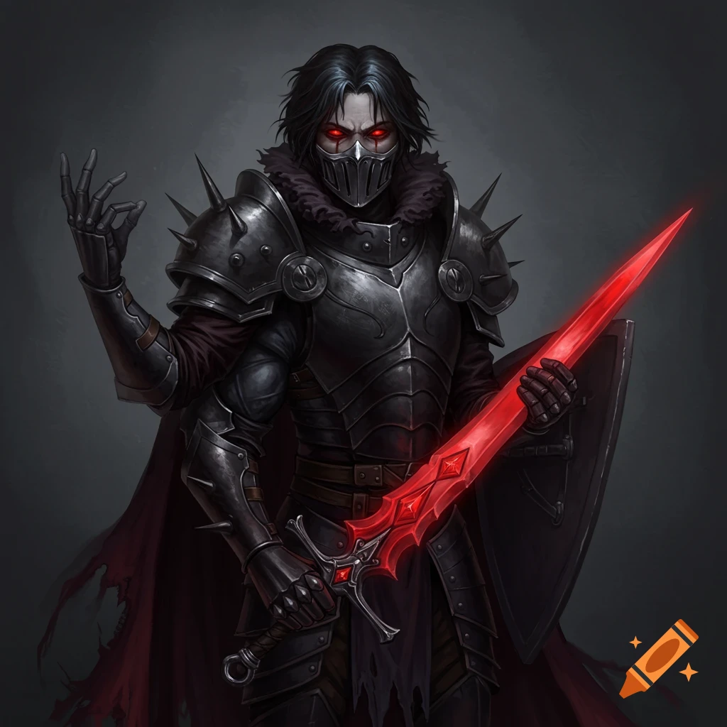 Dark fantasy character in black armor with red eyes holding a glowing red sword and shield.