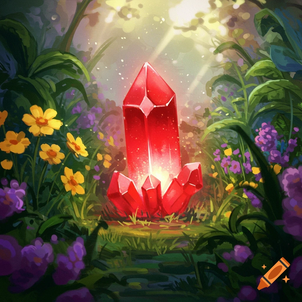 A glowing red crystal in a sunlit fantasy garden.