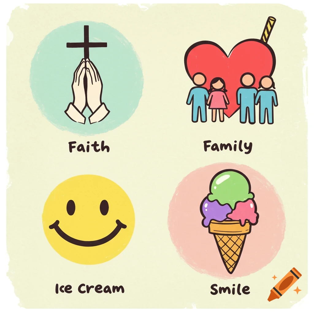 Four simple illustrations: praying hands with a cross labeled Faith, a family under a heart labeled Family, a smiley face labeled Ice Cream, and an ice cream cone labeled Smile.