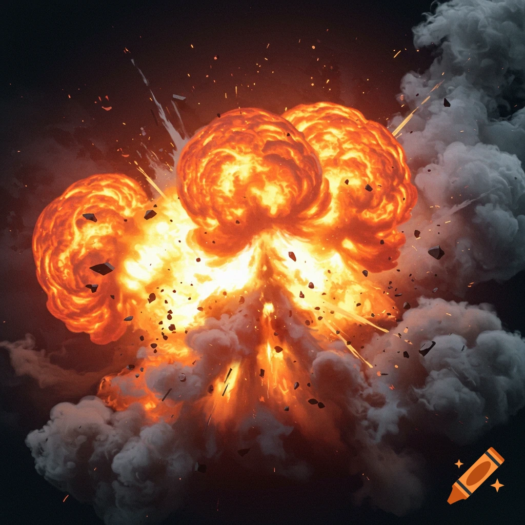 Large fiery explosion with smoke and debris against a dark background.