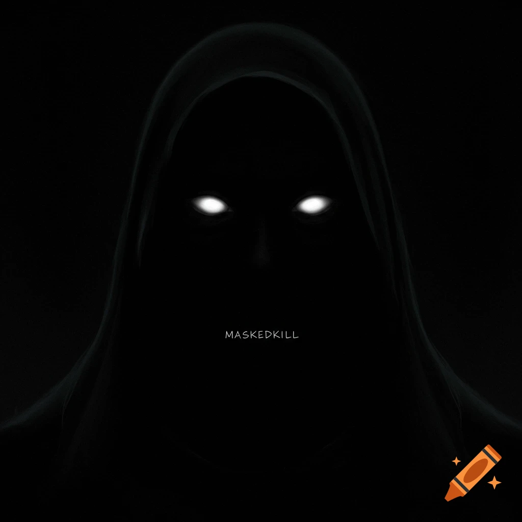 Dark hooded figure with glowing white eyes and the word MASKEDKILL on its chest.