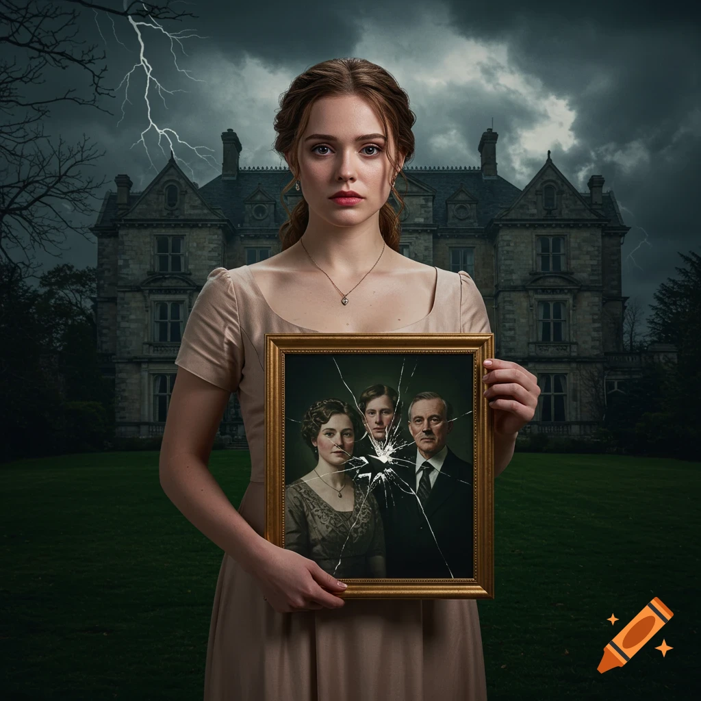 Woman holds a broken family portrait in front of a dark mansion under a stormy sky with lightning.