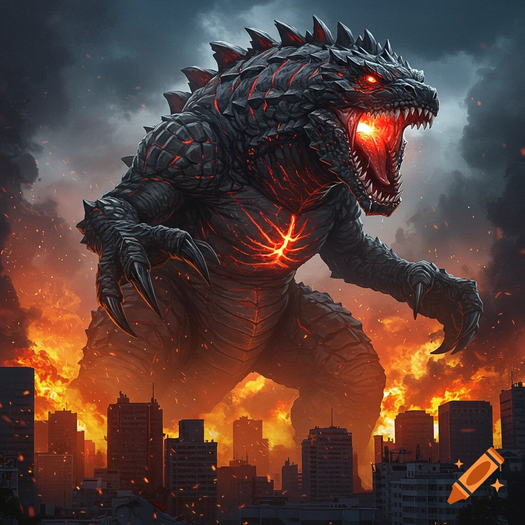 Giant monster roaring over a burning city.