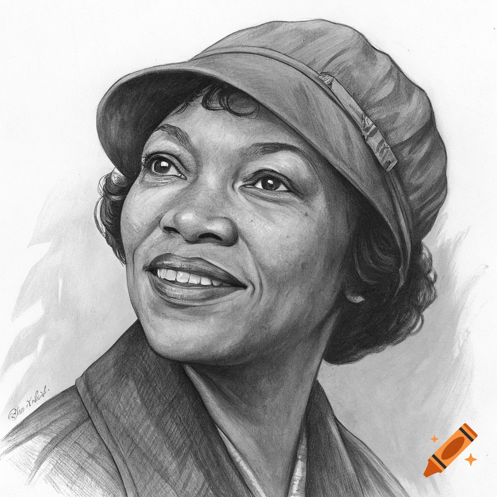 Charcoal portrait of a woman in a cloche hat looking up and smiling.