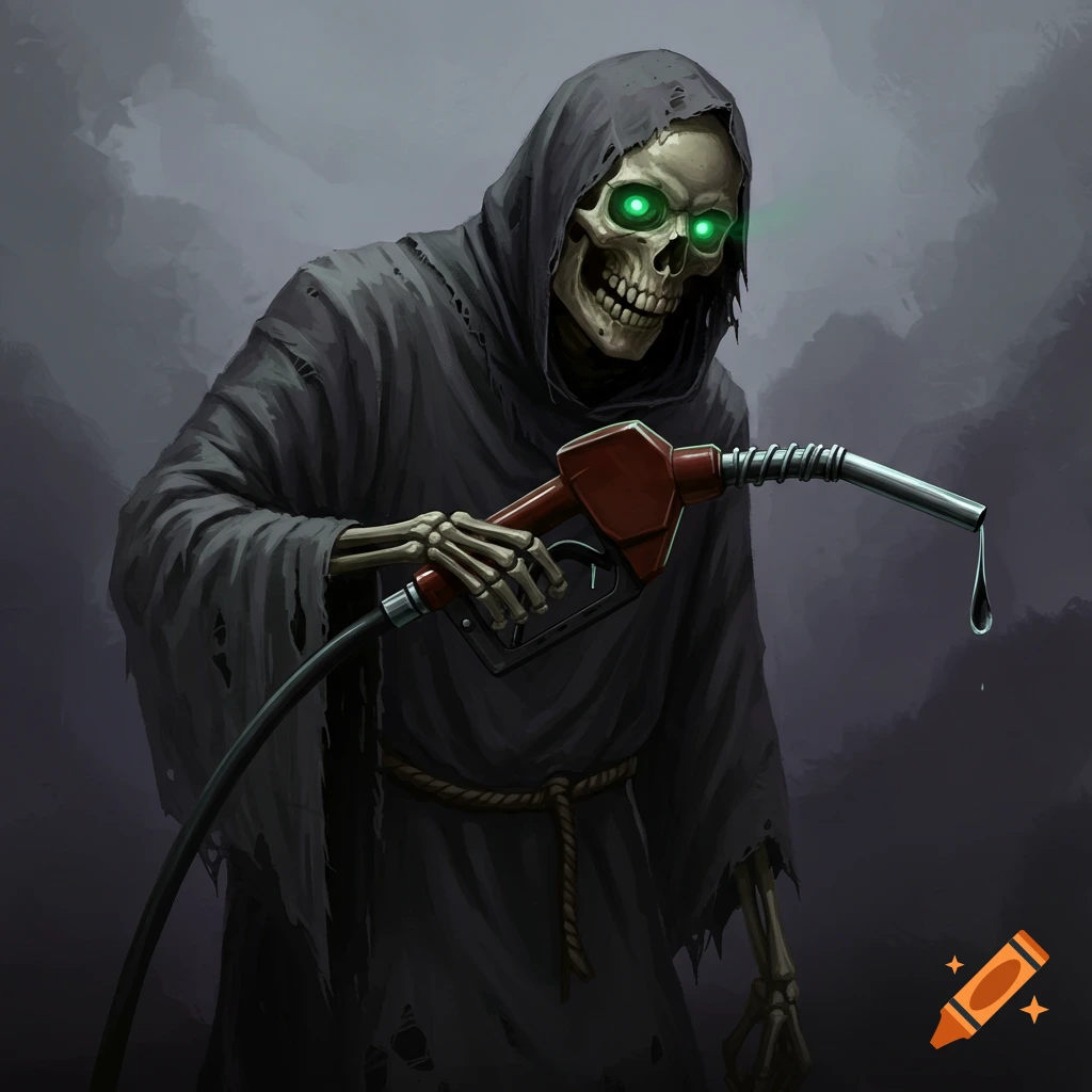 A skeletal figure in a black robe holds a red gas nozzle dripping dark liquid.