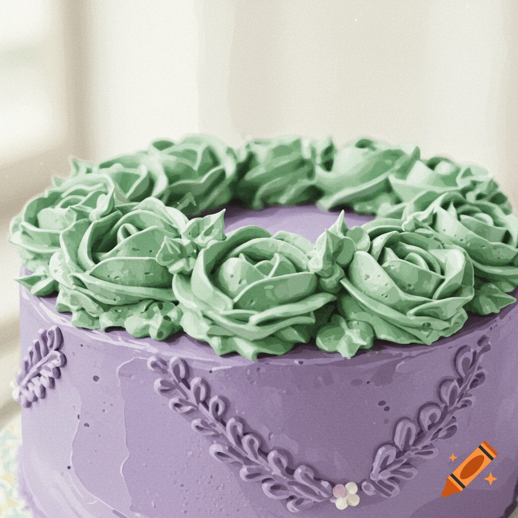 A close-up of a purple cake decorated with green frosting roses and scrollwork.