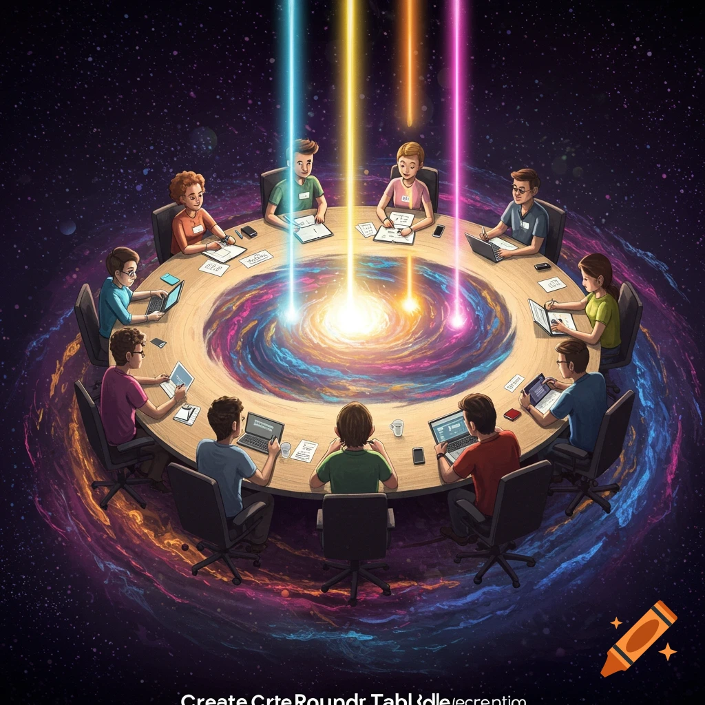 Illustration of people having a meeting around a cosmic round table in space with light beams.