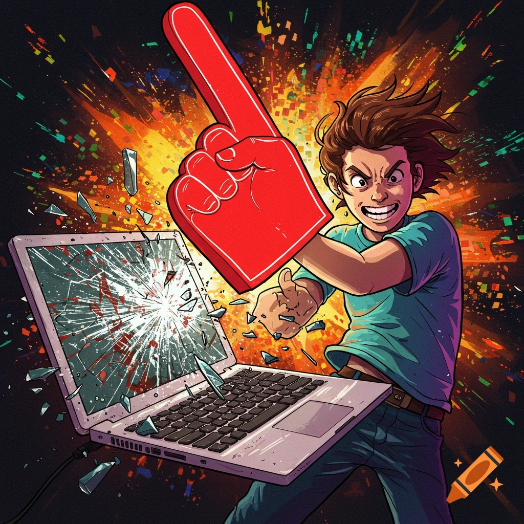 Cartoon illustration of a person using a large red foam finger to smash a laptop screen.