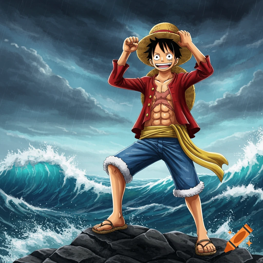 Luffy from One Piece stands on rocks by a stormy ocean, raising his fists.
