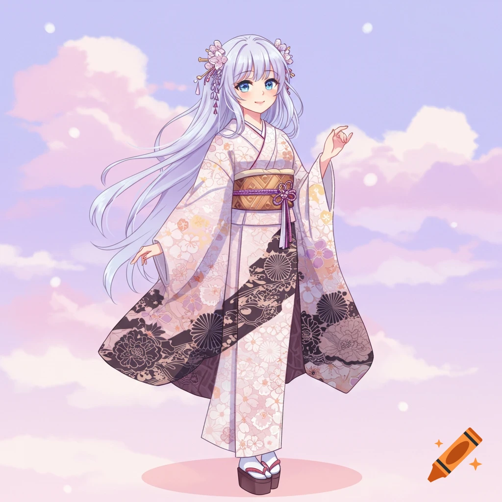Anime girl with long white hair in a floral kimono stands against a pastel sky.