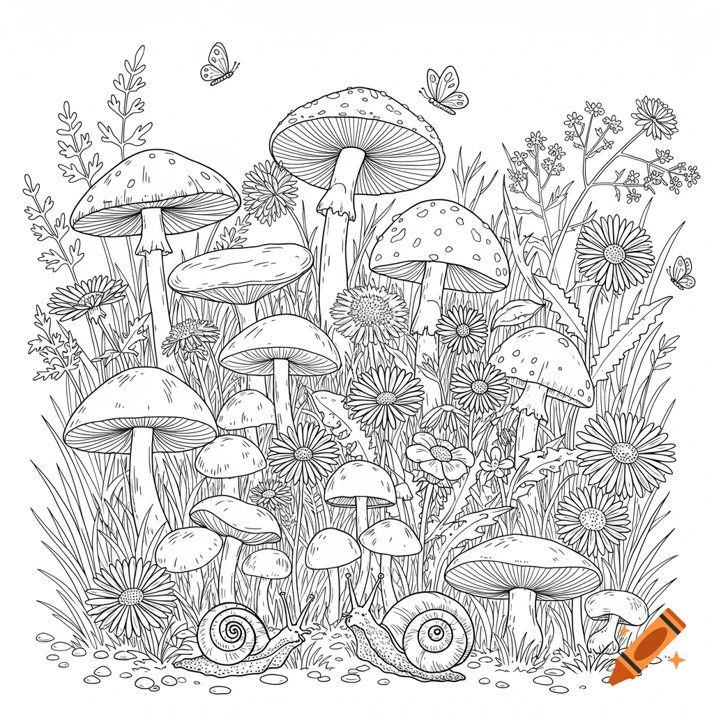 Line drawing of a forest floor scene with mushrooms, snails, flowers, grass, and butterflies.