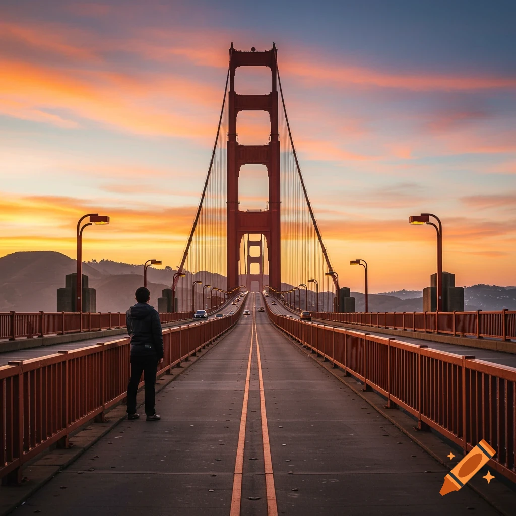 A person stands on the Golden Gate Bridge looking across the span at sunset with cars.