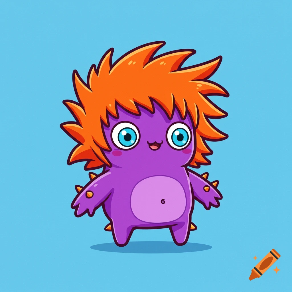 A cute purple cartoon monster with spiky orange hair and blue eyes.