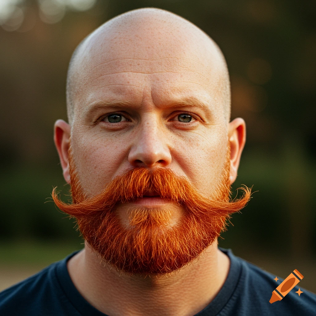 Close up portrait of a bald man with a large orange mustache and beard.
