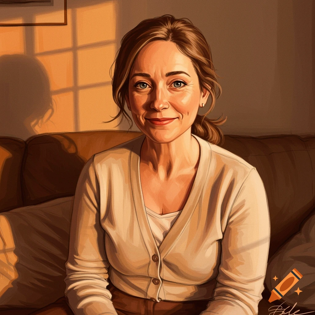 A stylized portrait of a woman sitting on a couch in sunlight.