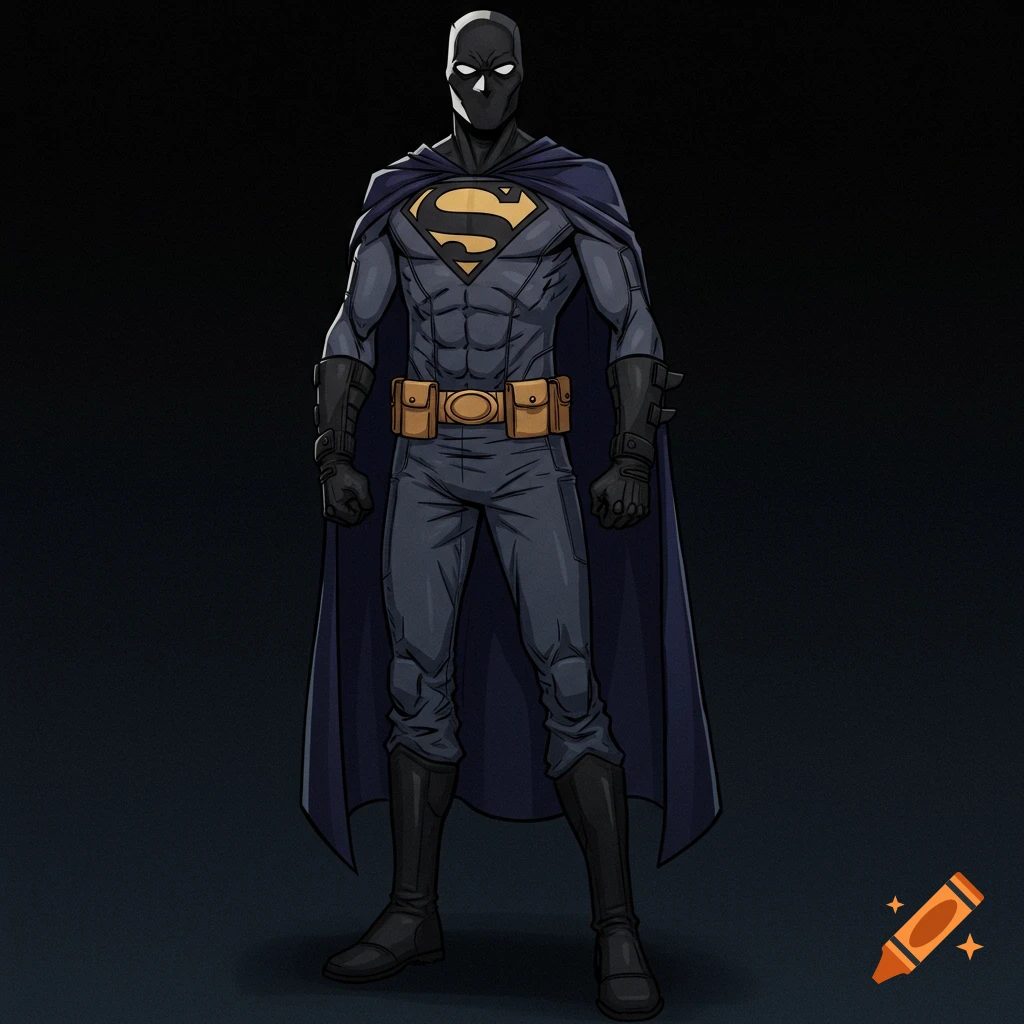 Full body illustration of a superhero in a dark costume, cape, and stylized 'S' logo.
