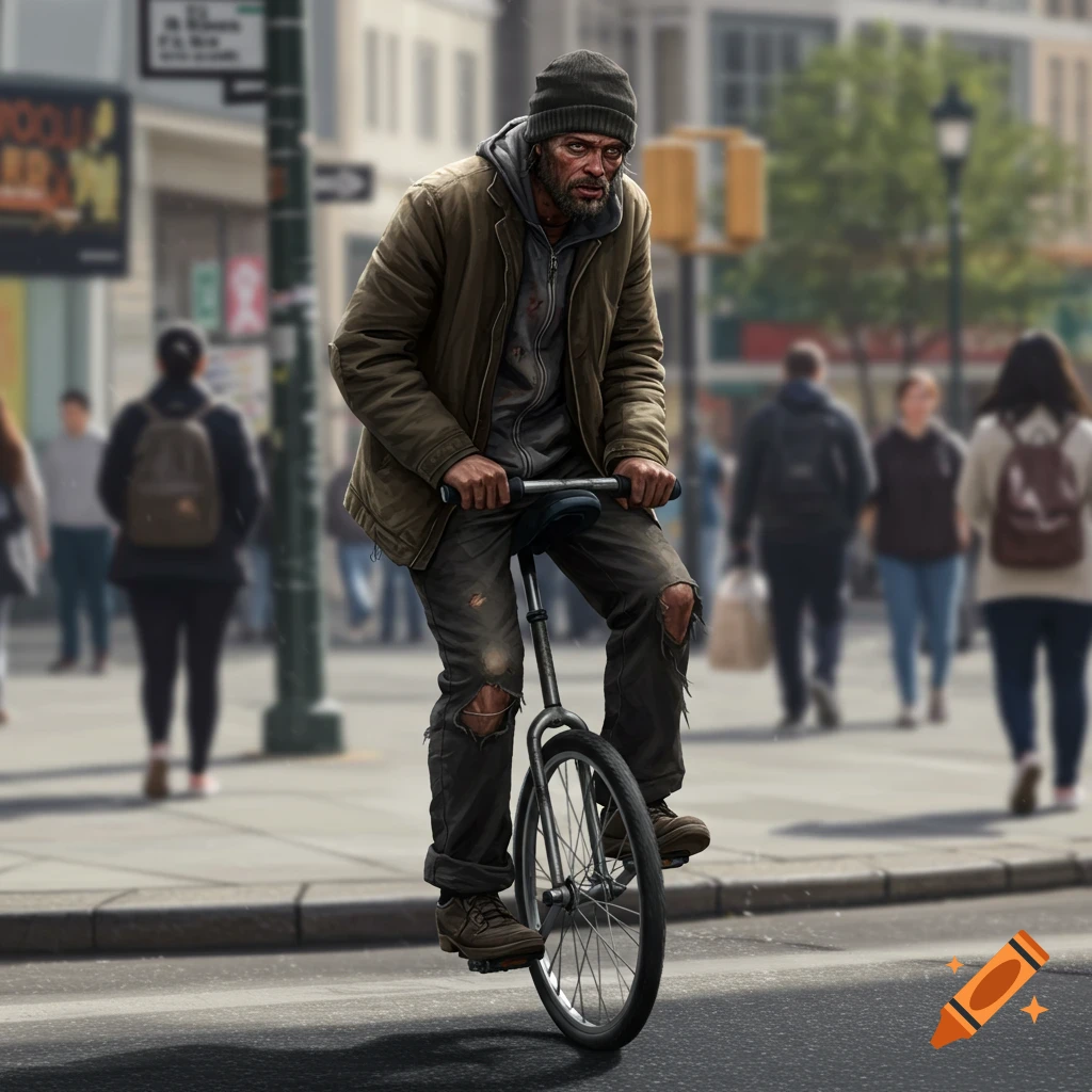 A photorealistic image of a homeless man riding a unicycle on a city street with blurred buildings and people in the background.