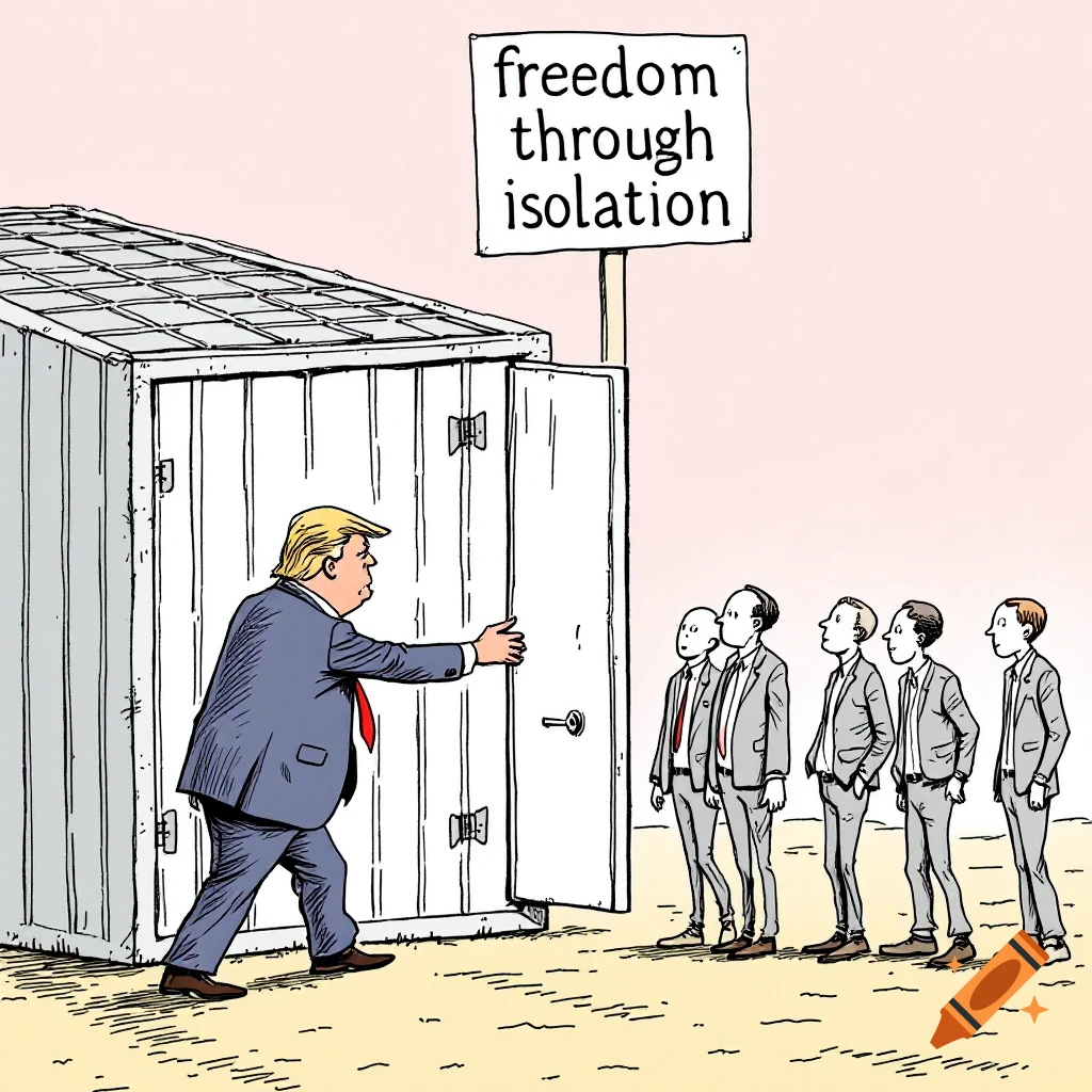 Political cartoon line drawing: Donald Trump opens a container for men under a sign 'freedom through isolation'.