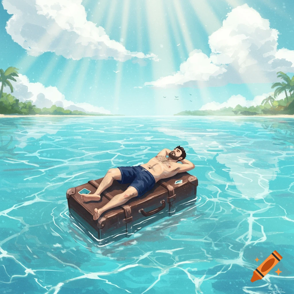 Illustration of a man lying on a suitcase floating in blue tropical water near a beach.