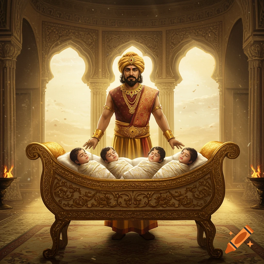 A king in elaborate Indian attire stands over a gilded cradle holding four sleeping babies in a palace.
